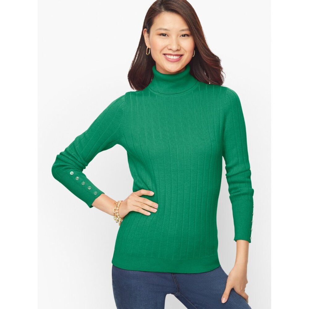 Talbots Womens Petite Size P Ribbed Button Cuff Turtleneck Sweater in Green 1099